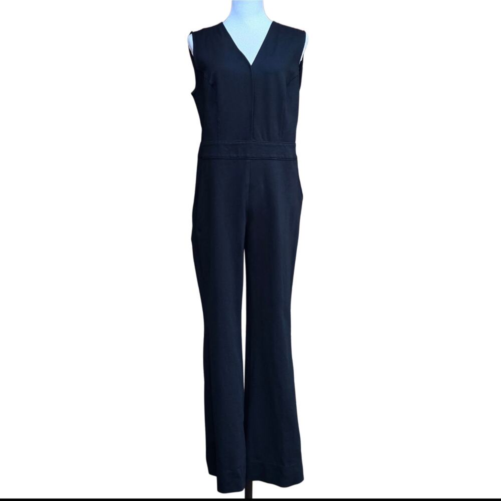 Spanx Perfect Sleeveless Jumpsuit Large Petite Black Stretch Ponte Knit Vneck LP